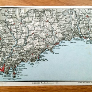 Antigüedad 1937 Niza, Francia Mapa de Muirhead's Blue Guides &Baedekers – Mónaco, Nizza, Bordighera, Italia, Imperai, Riviera Francesa