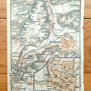 Antique 1925 Naumburg, Germany Map from Baedekers Guide Atlas –  Grossnitz, Jena, Cathedral, UNESCO, Altenburg, Freyburg, Bad Kosen, Crolpa
