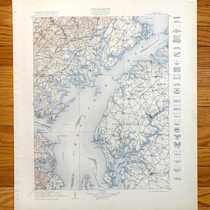 Ancienne carte topographique de la baie de Chesapeake, Maryland, 1908 US Geological Survey - Rock Hall Baltimore Abingdon Aberdeen Tolchester Kent County MD