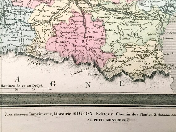 Antique 1869 France Map From Atlas National by Migeon – Paris