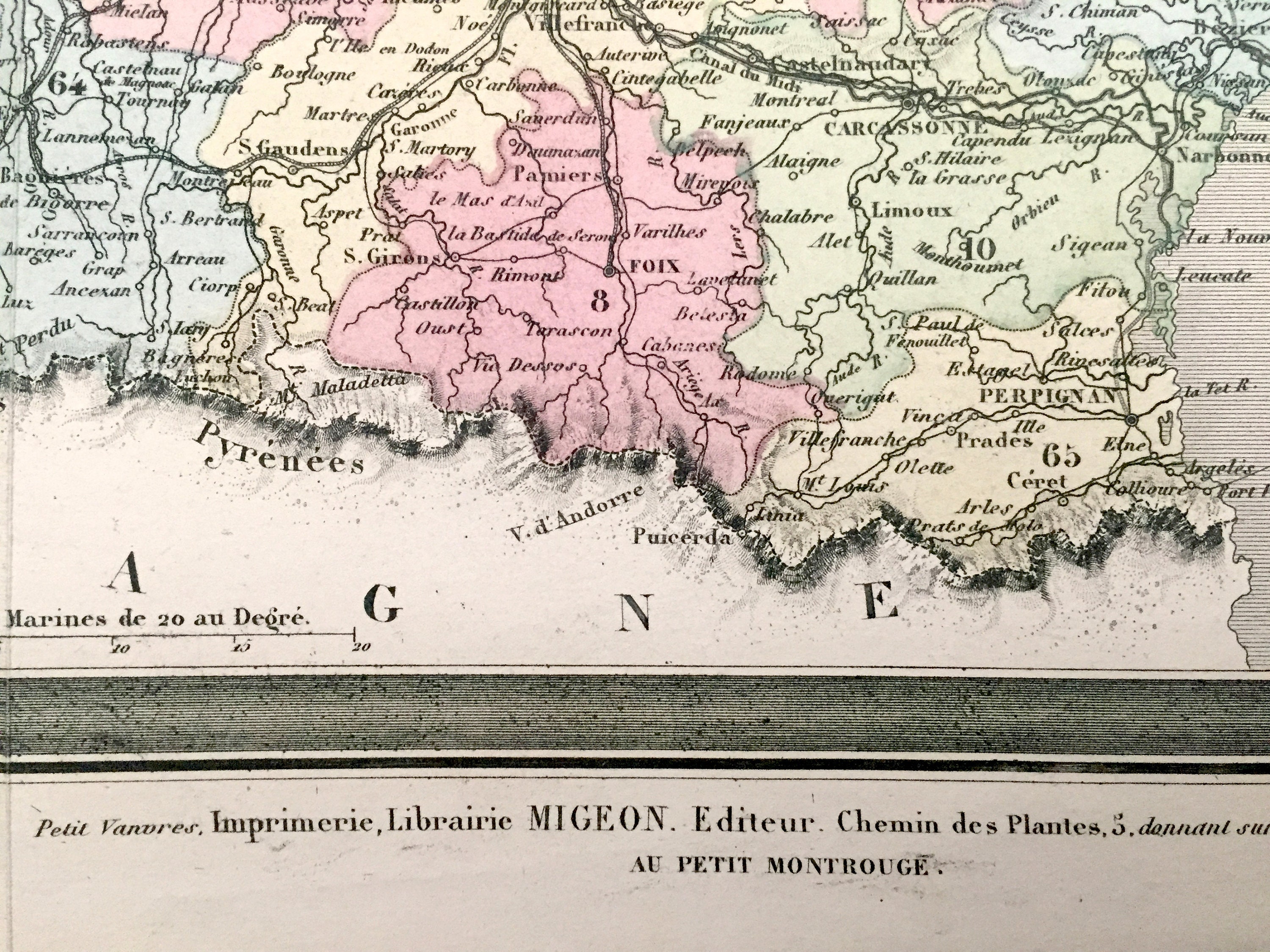 フランスアンティーク　MAP Antique 1869 France Map From Atlas National by Migeon – Paris