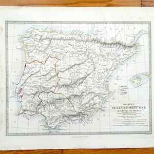 Antique 1856 Ancienne Espagne - Portugal Carte de l'Atlas SDUK - Hispanie, Ibérie, détroit de Gibraltar, France, Baie de Gascogne, Mer Méditerranée
