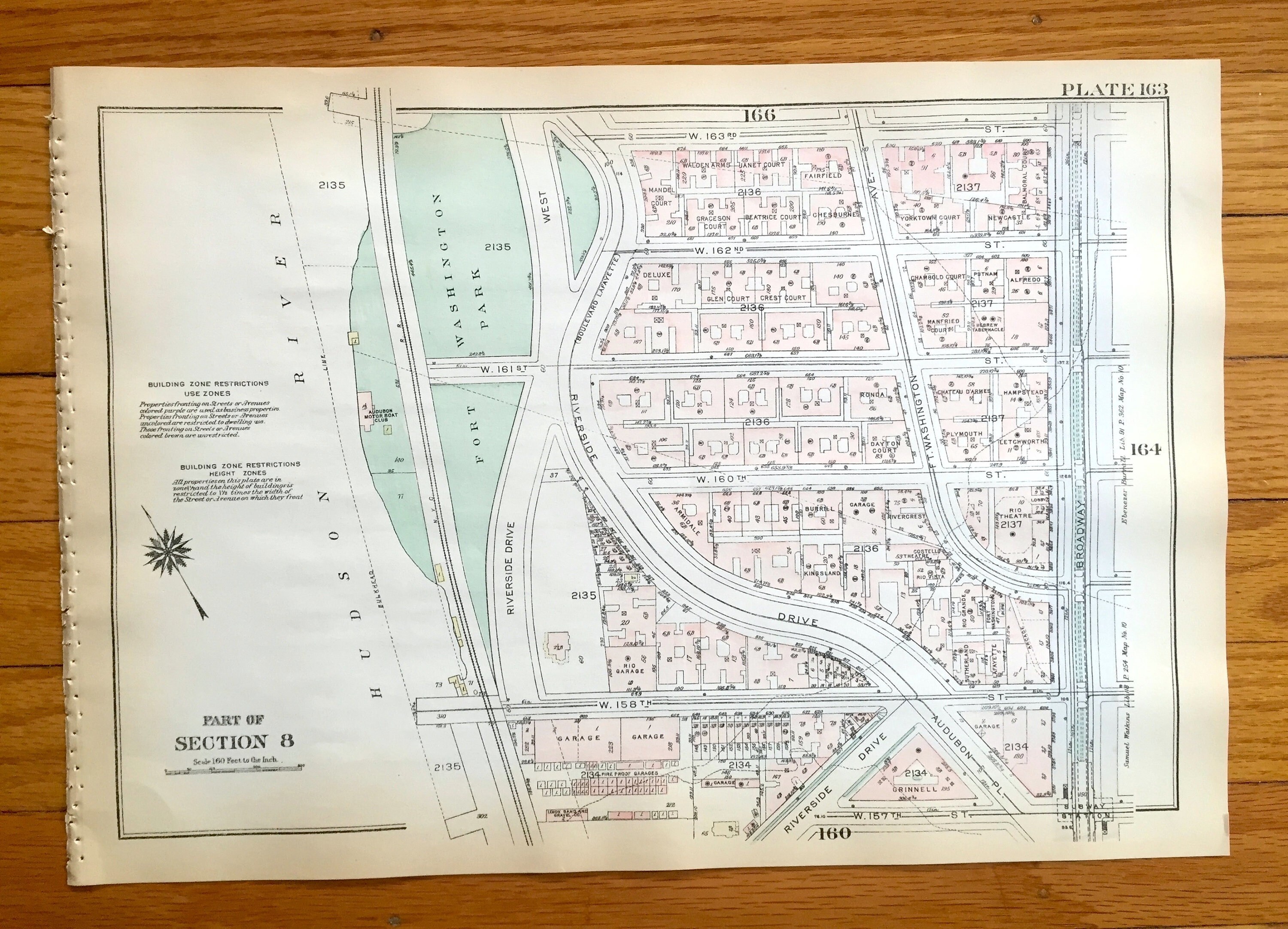 Antique Manhattan, New York City Map from Bromley's 1925 Manhattan Land Book – Fort Washington Park, Heights, Riverside Drive, Hudson NYC NY