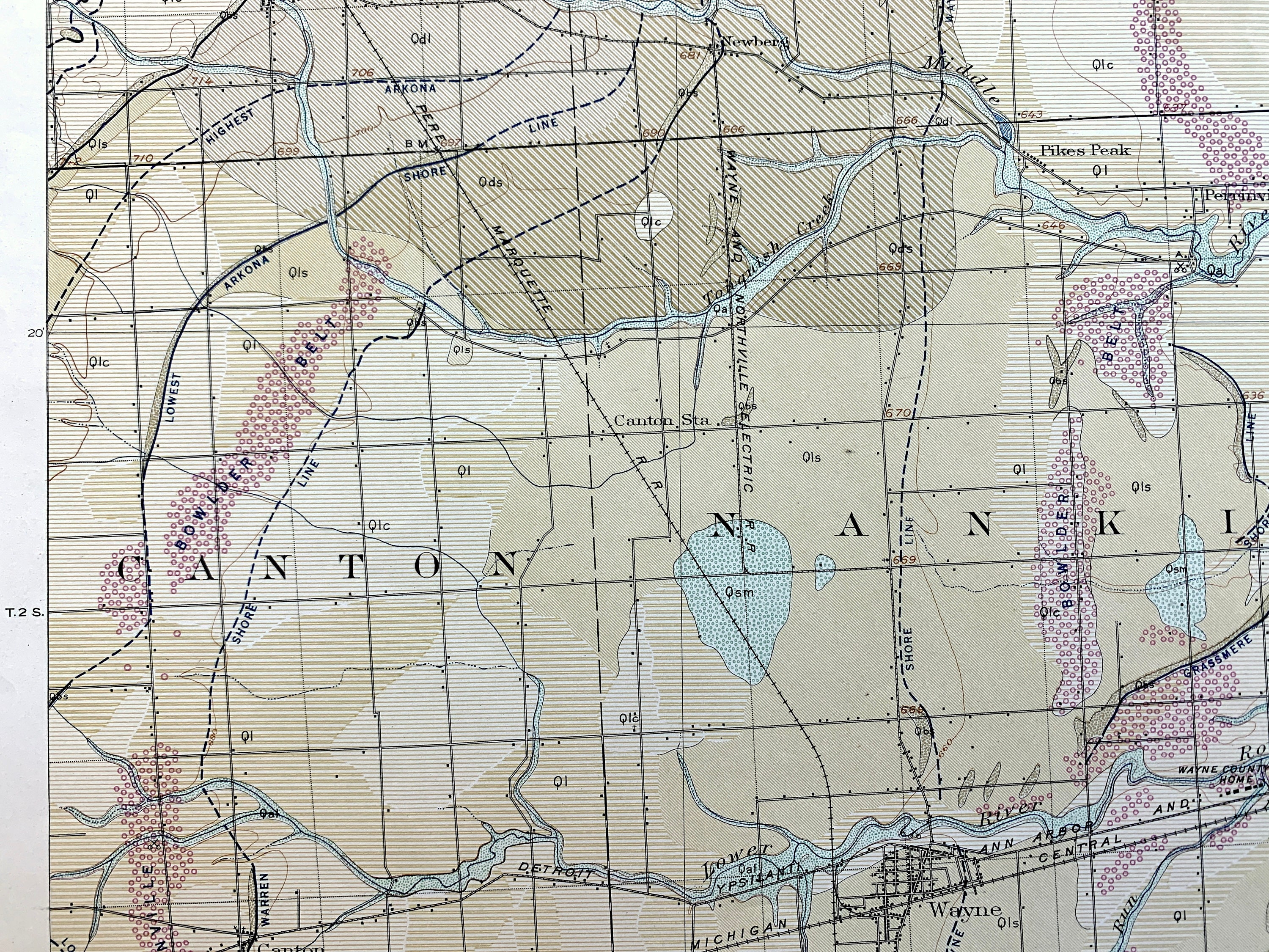 アンティーク ウェイン、ミシガン州 1916 年米国地質調査所地形図