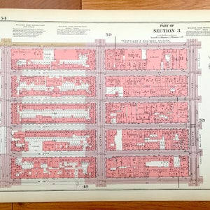 Antique Manhattan, New York Mappa dal libro di Manhattan del 1955 di Bromley - Chelsea Park, West Side, Garment District, Midtown, NYC NY