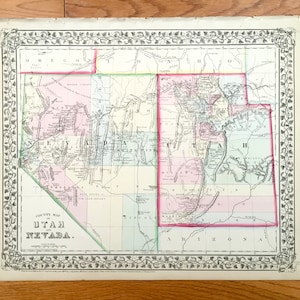 Antike 1871 Utah & Nevada State Karte von S. Augustus Mitchell – Las Vegas, Great Salt Lake City, Henderson, Reno, Provo, Lake Tahoe, UT NV