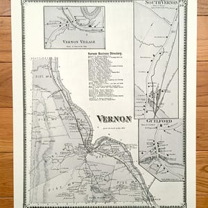 Antique 1869 Vernon, Vermont Map from J.B. Beers Atlas of Windham County – Guilford Village, Vermont Yankee, Connecticut River, Fort Dummer
