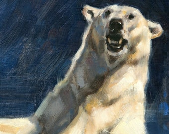 ホッキョクグマの油絵 泳ぐホッキョクグマの油絵、北極のクマ、オリジナルの動物画、8.3x11.7