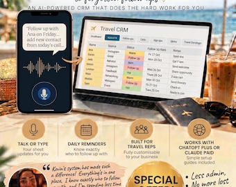 May include: A digital marketing flyer titled Track My Prospects featuring a smartphone and laptop displaying a Travel CRM interface. The graphic includes text about AI-powered lead tracking, a testimonial, a special offer badge, and icons.