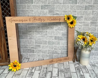 Sunflower Wedding Selfie Frame: Personalized Cherry Wood Photo Booth