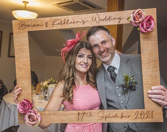 Personalized Wedding Selfie Frame: Hand-Cut Wood, Faux Roses