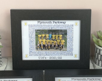 May include: A framed photo of a youth soccer team, the Plymouth Parkway U16's, with the team's names and the season '2021/22' surrounding the photo.