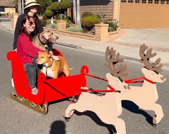 May include: Two people and three dogs are riding in a red sleigh pulled by two reindeer. The sleigh is decorated with the words "Santa's Sleigh". The reindeer are made of wood and have brown antlers. The dogs are a grey and brown pit bull mix and a brown and white pit bull mix.