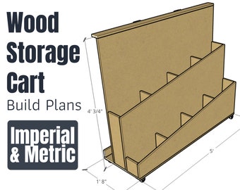 Puede incluir: Diagrama de un carro de almacenamiento de madera con estantes y ruedas. El carro tiene 141 cm de alto, 51 cm de ancho y 152 cm de largo. El texto "Wood Storage Cart Build Plans Imperial & Metric" es visible en la imagen.