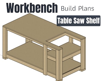May include: A 3D isometric drawing of a wooden workbench with a table saw shelf. The workbench has a large top surface and a lower shelf. The table saw shelf is attached to the side of the workbench and has two shelves.