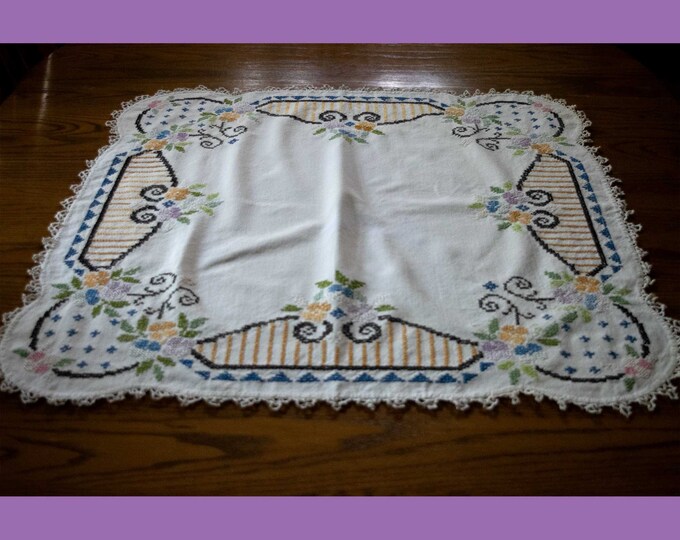 Vintage Cross-Stitch Table Cloth | Vintage Hand-Stitched Table Cover