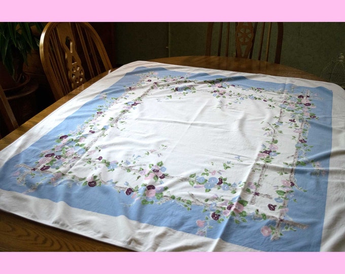 Vintage Printed Table Cloth | Floral Antique Table Cloth | Vintage Textile Table Cover