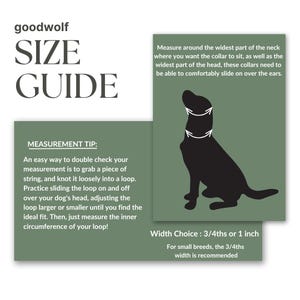 May include: A green and white illustrated guide for measuring a dog's neck for a collar. The guide includes a diagram of a dog with arrows showing where to measure. The text includes the words "goodwolf", "Size Guide", and "Measurement Tip".