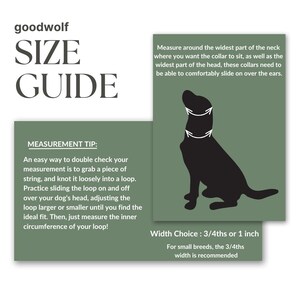 May include: A green and white illustrated guide for measuring a dog's neck for a collar. The guide includes a diagram of a dog with arrows showing where to measure. The text includes the words "goodwolf", "Size Guide", and "Measurement Tip".
