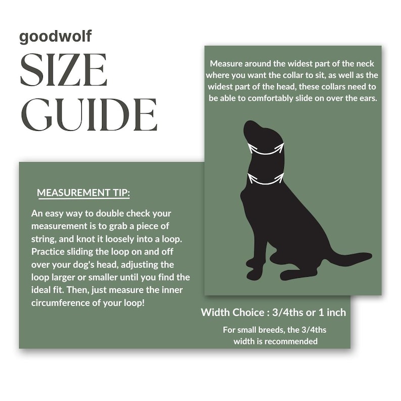 May include: A green and white illustrated guide for measuring a dog's neck for a collar. The guide includes a diagram of a dog with arrows showing where to measure. The text includes the words "goodwolf", "Size Guide", and "Measurement Tip".