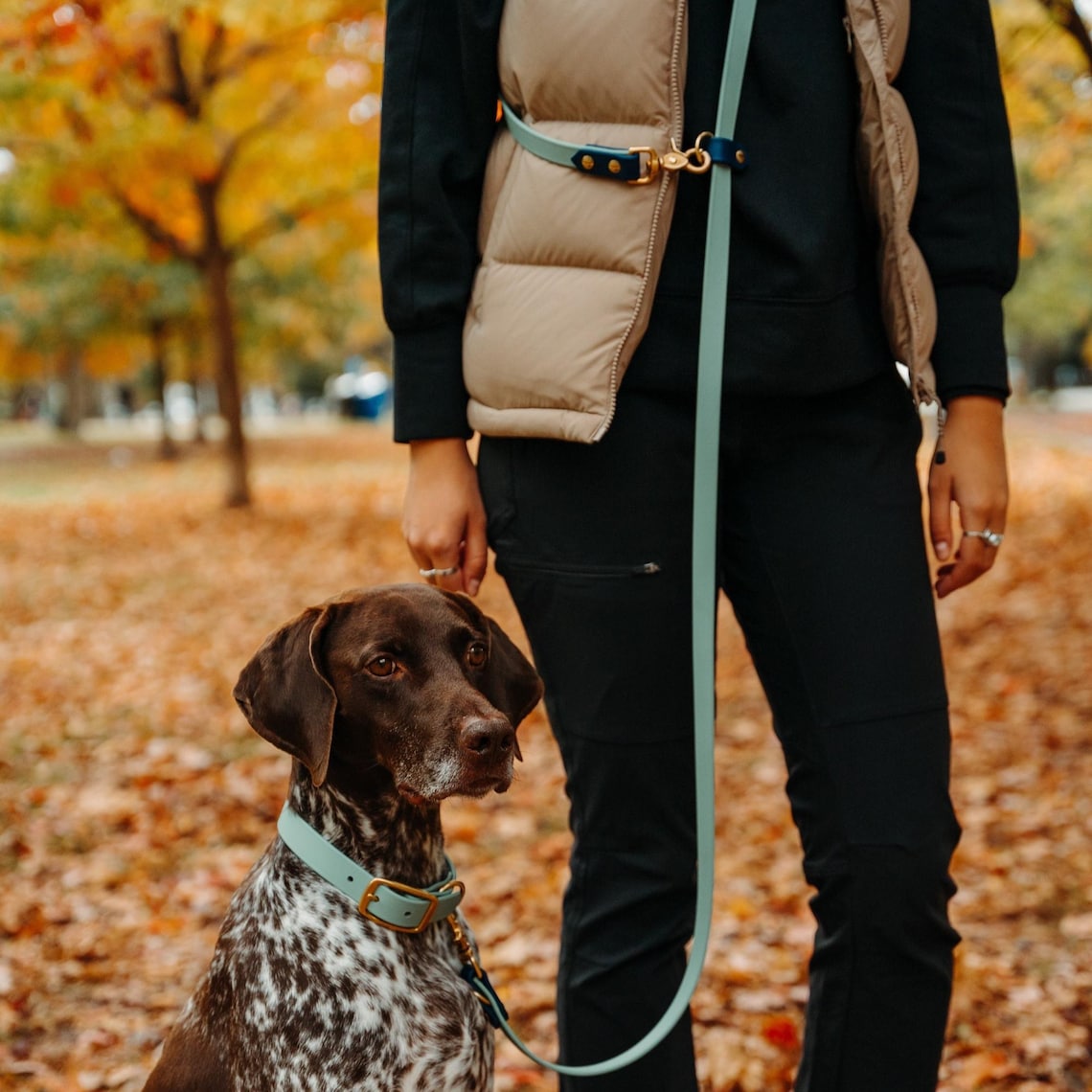 Woman and dog wearing a hands-free Biothane dog leash in mint green.