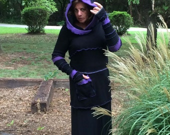 HOODIE Black with purple highlights - MEDIEVAL - Upcycled, Wool, Cotton