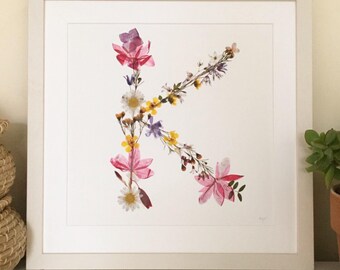 Pressed wild flower letter K Giclée print on fine art etching paper