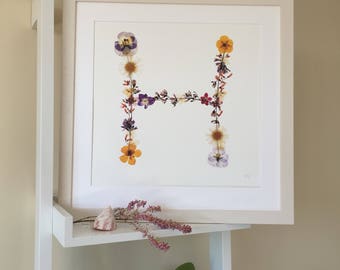 Pressed wild flower letter H Giclée print on fine art etching paper