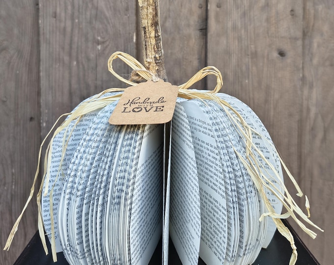 Featured listing image: Book Page Pumpkin Decor, Fall Home Decor, Rustic Autumn Shelf Sitter, Literary Pumpkin, Handmade Paper Pumpkin, Book Lover Gift