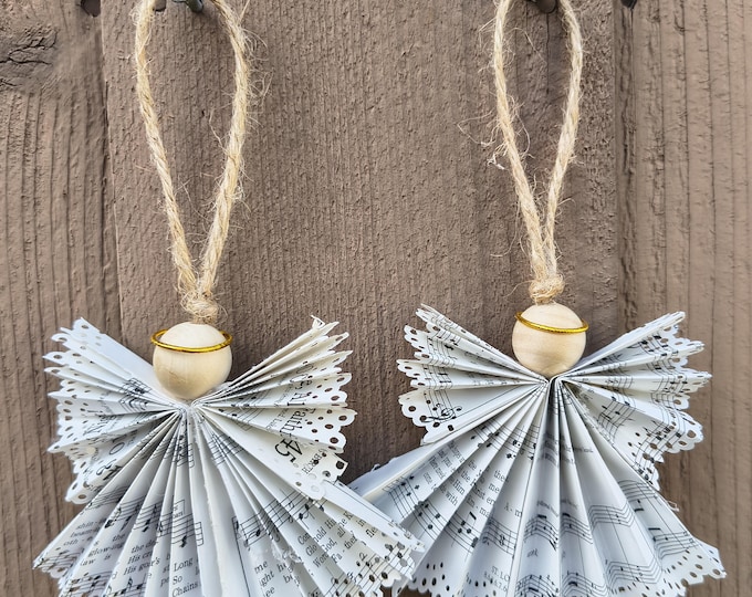 Featured listing image: Set of 2 Book Page Angel Ornaments | Rustic Farmhouse Paper Decor | Literary Handmade Angels