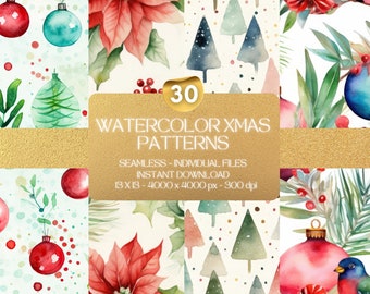 Watercolor Christmas Pattern Digital Paper Seamless Festive Holiday Background Instant Download Classic Vintage Xmas Art Pattern Background