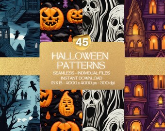 Halloween Seamless Pattern Digital Paper Gothic Haunted House Spooky Pumpkins Creepy Ghost Pattern Fall Themed Autumn Digital Background Art