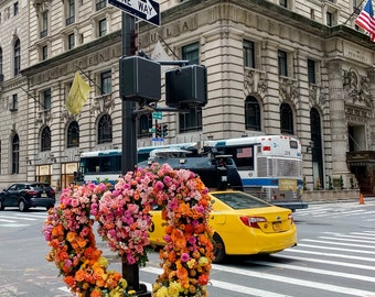 Flower Flash in New York City Photography Art Print // Lewis Miller Floral Display Heart Shaped Flowers Yellow Pink 8x10 11x14 Wall Art
