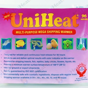 May include: White UniHeat multi-purpose mega shipping warmer with a 96-hour heat duration. The packaging features a color indicator and images of various items that can be shipped with the warmer, including insects, fish, reptiles, baby chicks, flowers, and liquids. The text "NEW!" is printed in red on the top left corner of the package.