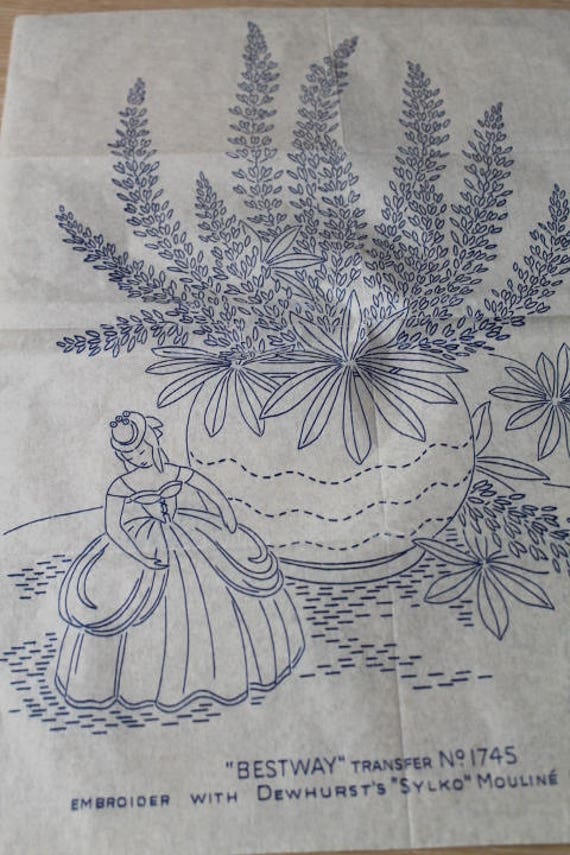 Vintage embroidery pattern /& iron on transfer-Crinoline lady design in 5 sizes