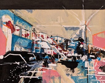 Free Lot - Abstract Cityscape Painting: Oil, Pencil, Acrylic on Wood Panel (12x12")