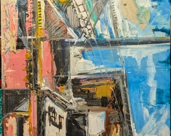 Keep Right - Abstract Cityscape Painting: Oil, Pencil, Acrylic on Wood Panel (12x12")