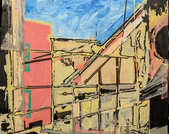 Trinity - Abstract Cityscape Painting: Oil, Pencil, Acrylic on Wood Panel (12x12")