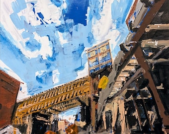 Bagels - Abstract Cityscape Painting: Oil, Pencil, Acrylic on Wood Panel (12x12")