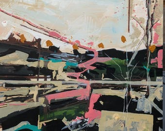 Airstream in the Ozarks - Abstract Landscape Painting: Oil, Pencil, Acrylic on Wood Panel (12x12")