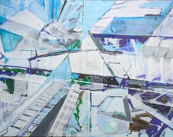 Fun - Abstract Cityscape Painting: Oil, Pencil, Acrylic on canvas (36x24")