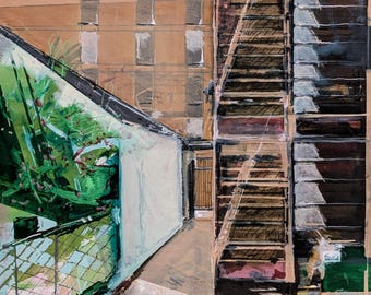 Outback - Abstract Cityscape Painting: Oil, Pencil, Acrylic on Wood Panel (12x12")