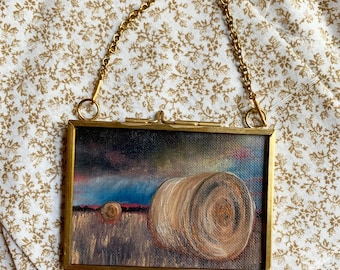 Original Tiny Painting - "Hay Bale" - #2 of 2 painted - Gold Frame with certificate of authenticity
