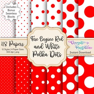 May include: A collection of digital papers featuring red and white polka dot patterns. The image includes various sizes and styles of polka dots on a white or red background. Text on the image reads "Fire Engine Red and White Polka Dots".