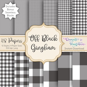 May include: A digital paper pack featuring various black and white gingham patterns. The image includes the text "Off Black Gingham" and "48 Papers" with different styles and sizes. Includes bonus seamless blocks.