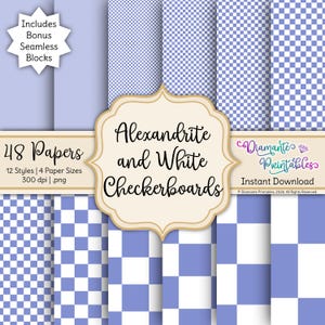 Può includere: Una collezione di 48 carte digitali con motivi a scacchiera alexandrite e bianchi. L'immagine presenta vari stili e dimensioni, con il testo "Alexandrite and White Checkerboards". Include blocchi senza cuciture bonus.