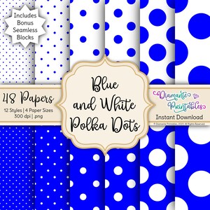 Blue and White Polka Dots Digital Paper Pack | 12 Styles | 4 Sizes | Instant Download | Commercial Use | Plus Bonus: Seamless Blocks