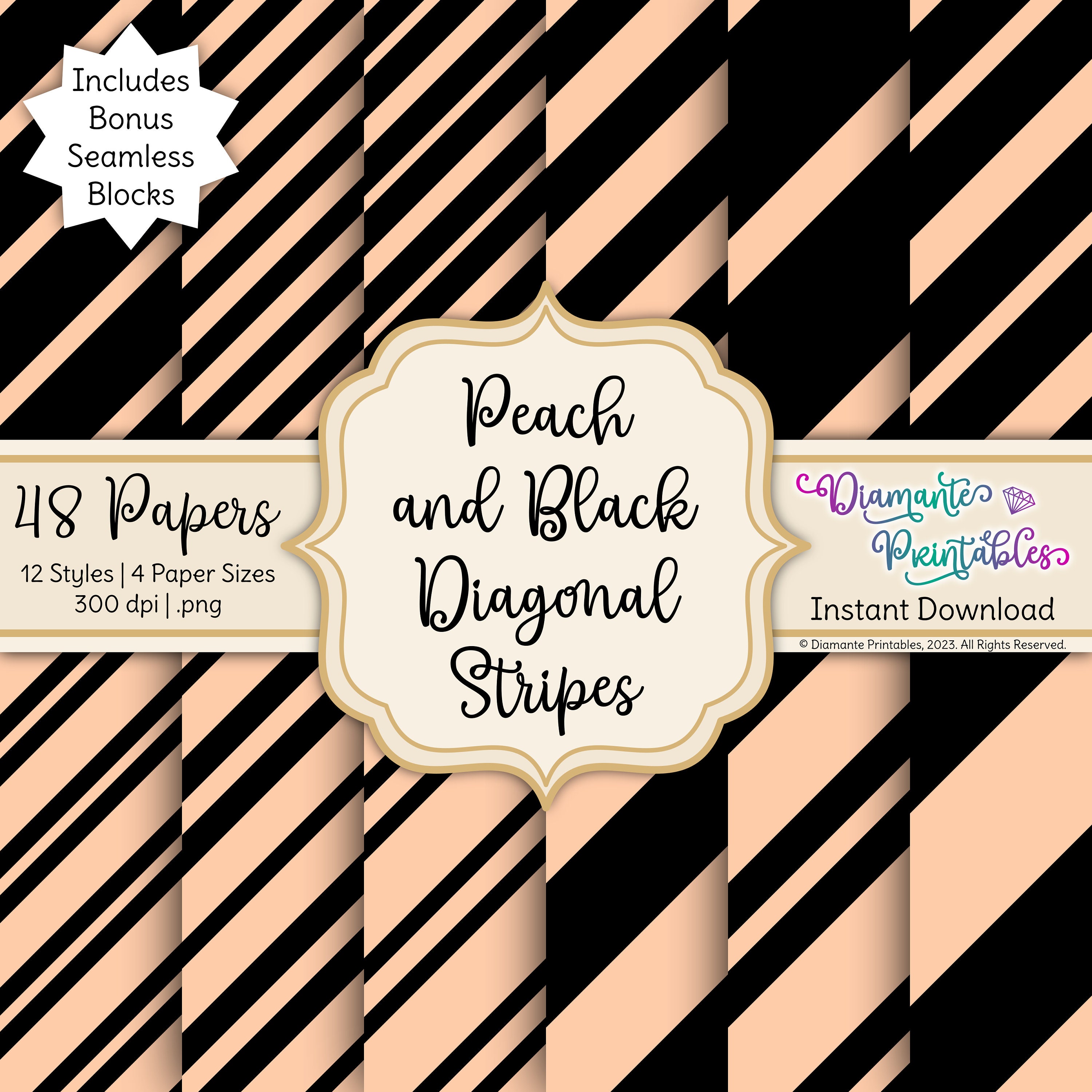 Peach and Black Diagonal Stripes Digital Paper Pack | 12 Styles | 4 ...