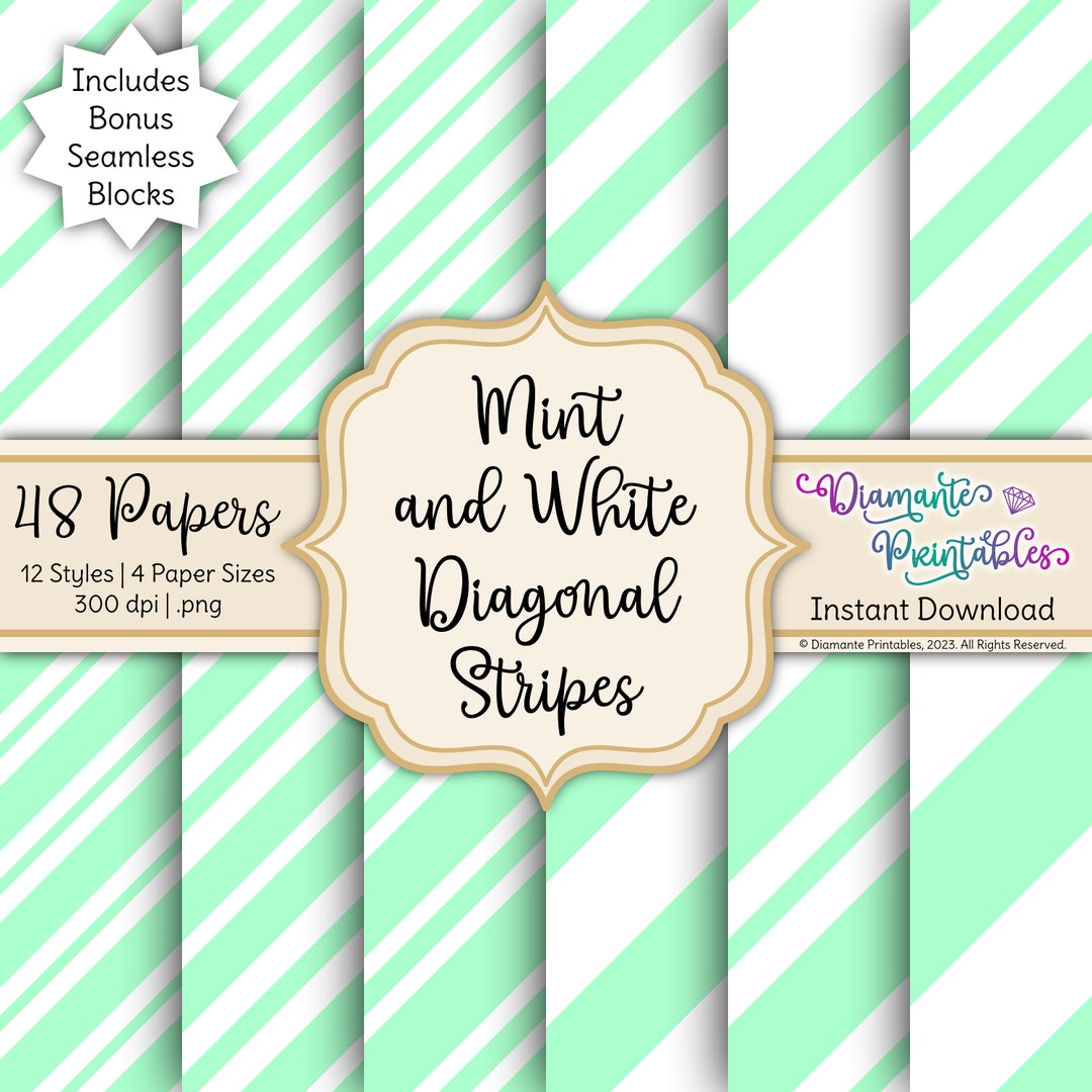 Mint and White Diagonal Stripes Digital Paper Pack | 12 Styles | 4 ...