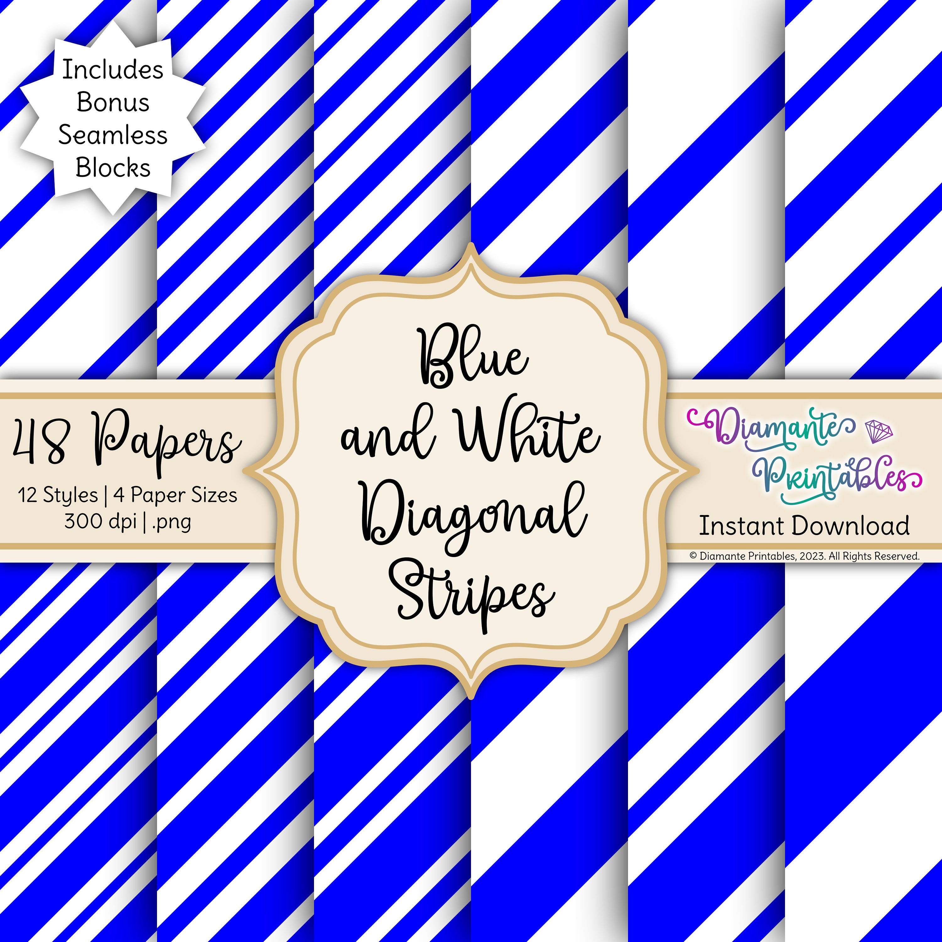 Blue and White Diagonal Stripes Digital Paper Pack | 12 Styles | 4 ...